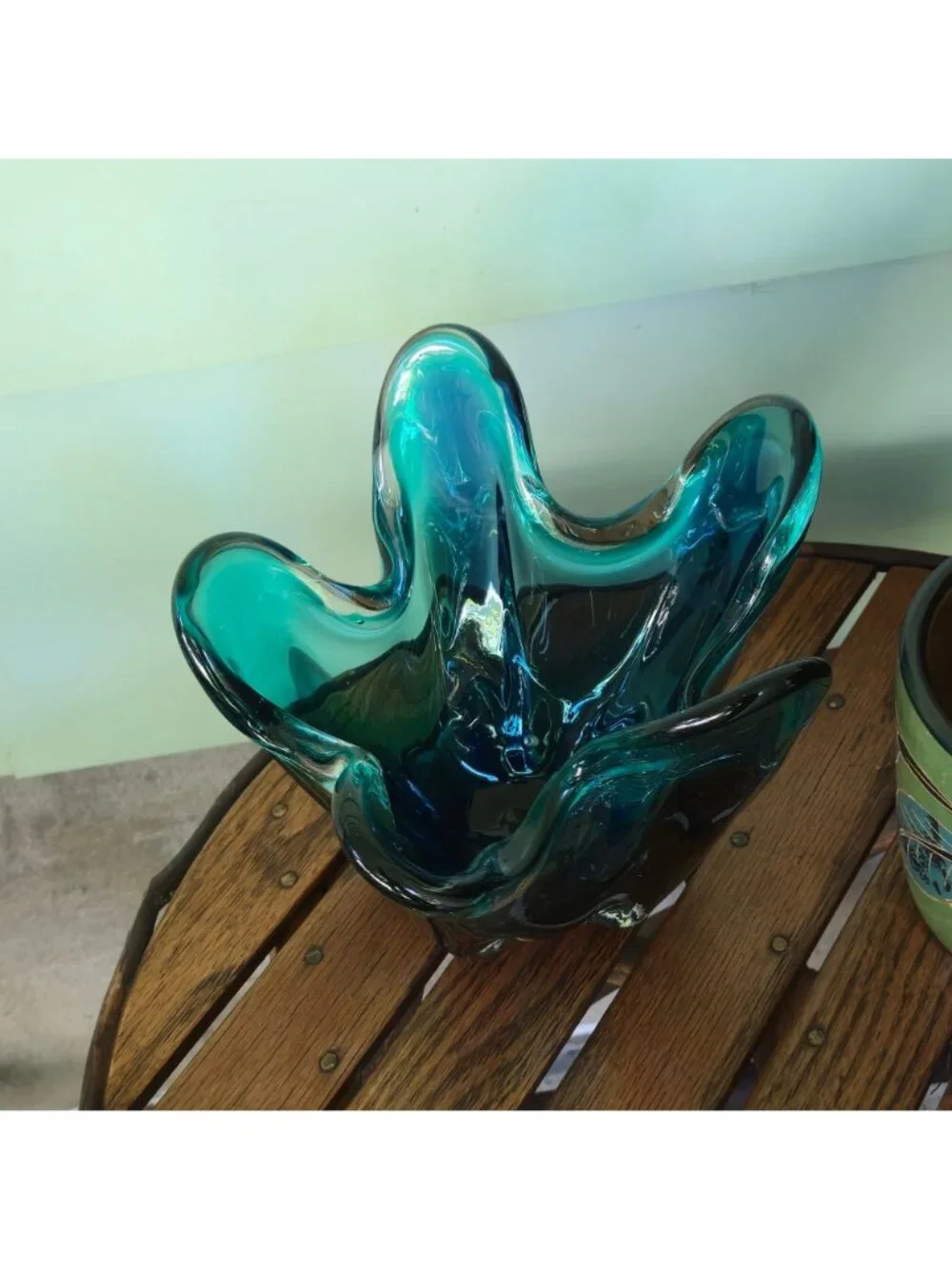Turquoise Aquamarine Handkerchief Glass Vase MCM Mod Rippled VTG Sculptural Art
